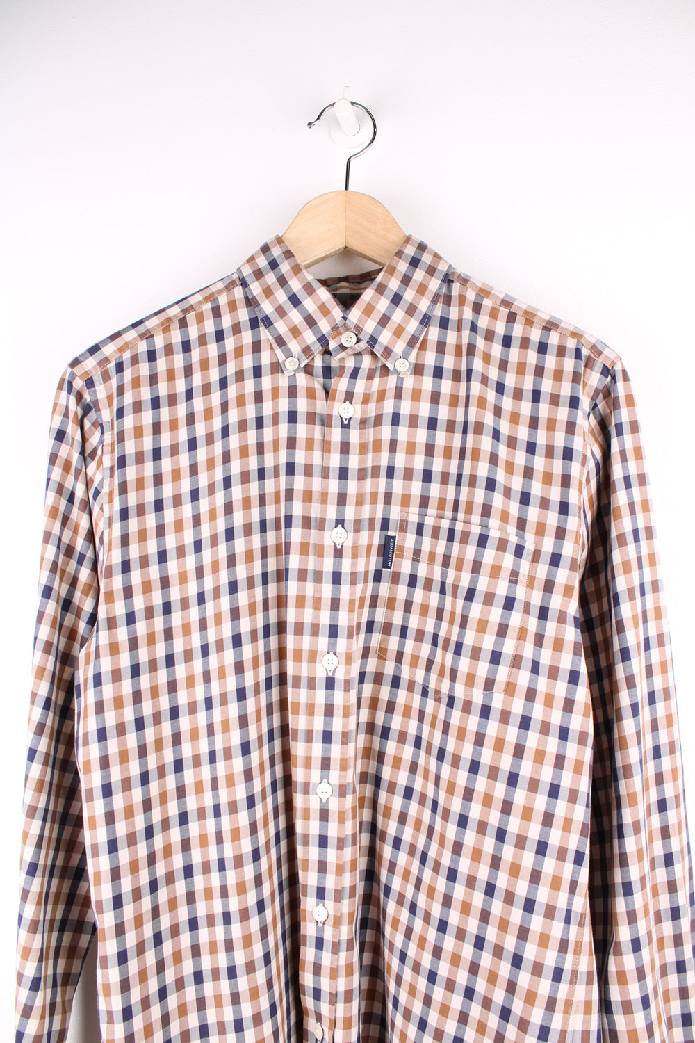 Vintage Aquascutum brown and tan plaid button up shirt with chest pocket