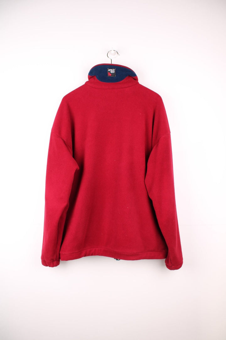 Spray Way 'windbloc' zip-through fleece in red with two zipped side pockets and a Polartec logo badge on the lower left hem, and a logo patch on the back of the collar. 