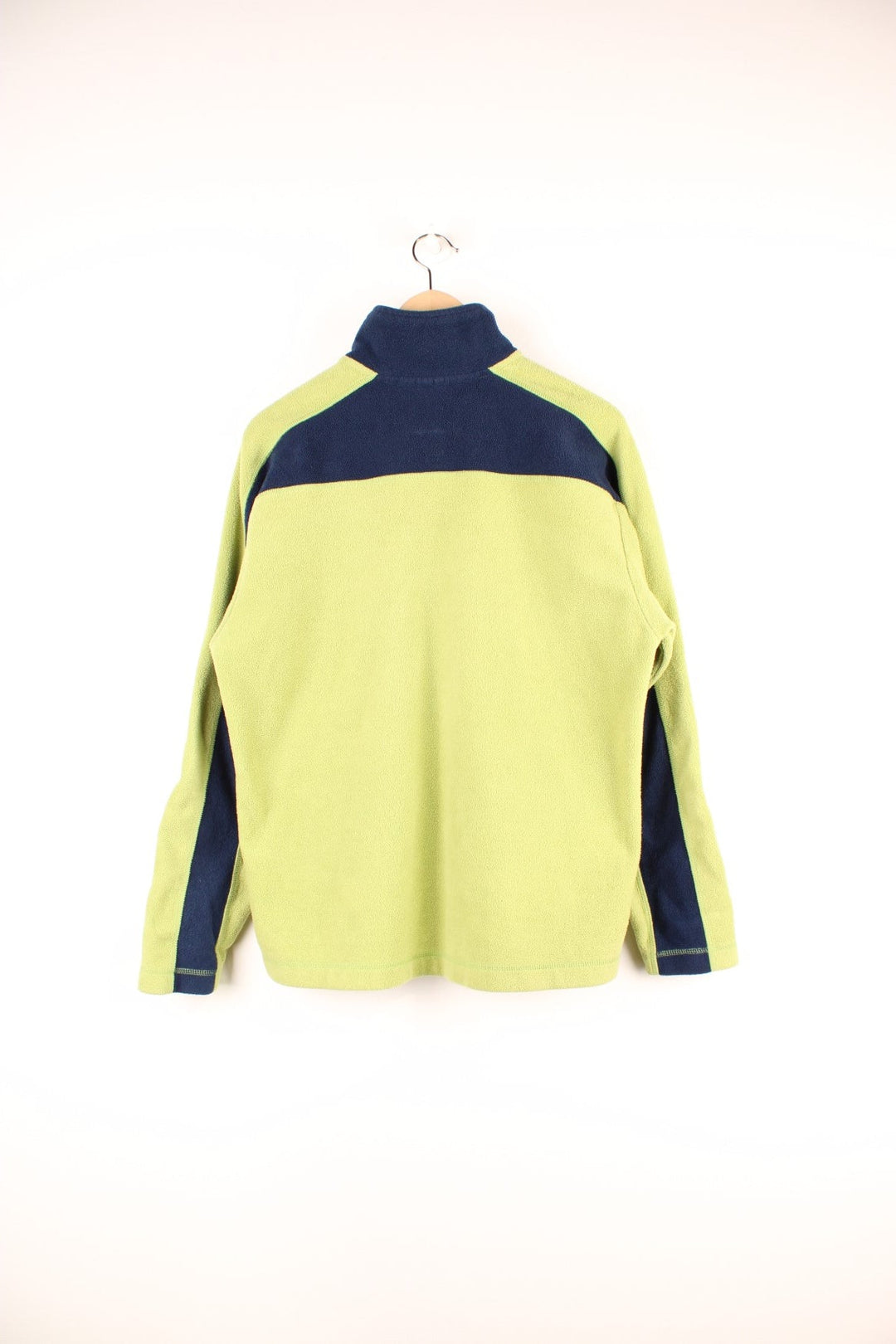 Lime green Ellesse fleece with dark blue accents, 1/4 zip closure and an embroidered logo. 