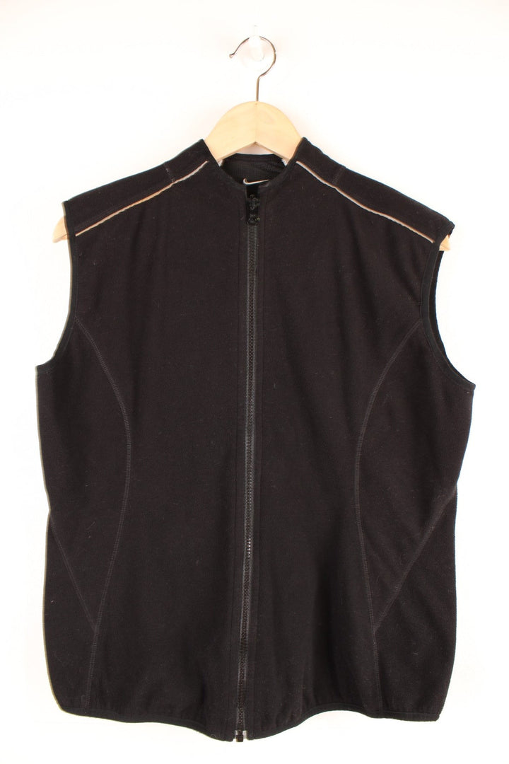 Black Nike fleece zip-up gilet with a mesh panel on the back, grey piping, one zipped back pocket and an embroidered swoosh.