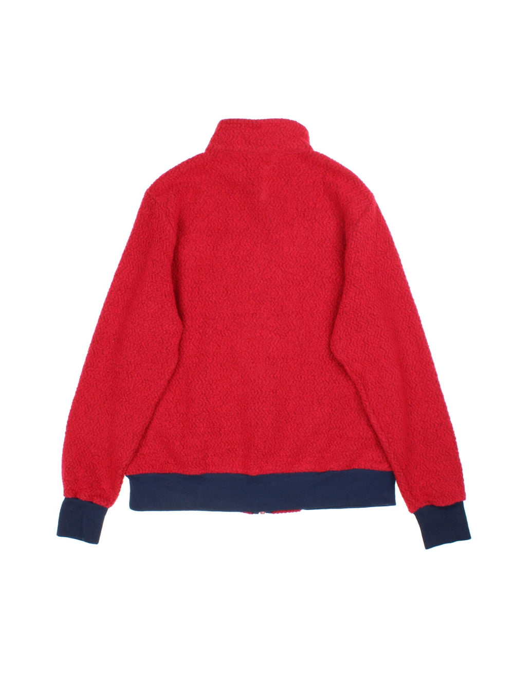 Patagonia Woolyester Fleece in a red colourway with a black trim, Full zip with side pockets and has small classic logo embroidered on the front.