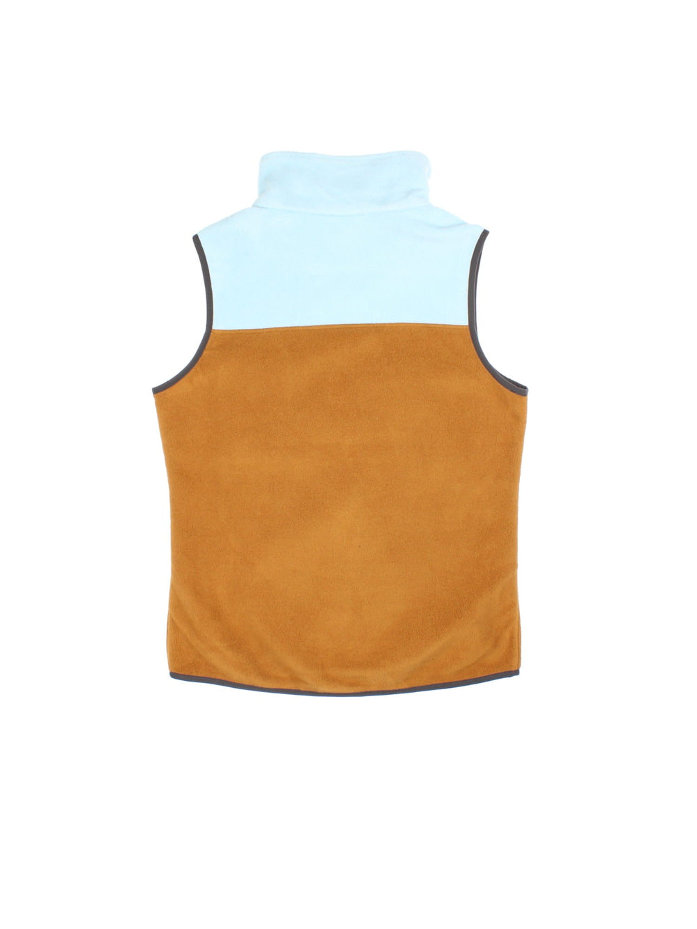 Patagonia Synchilla Fleece Gilet in a brown & blue colourway. Full zip and multiple pockets on the front, with the small classic logo just above the button pocket .