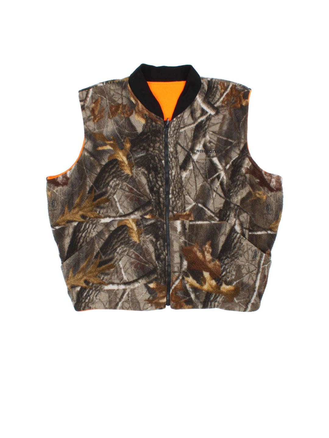 Vintage Winchester Reversable Fleece Gilet in a brown colourway. Camo print with orange reversable side, Full zip with two front pockets. Small logo on chest.