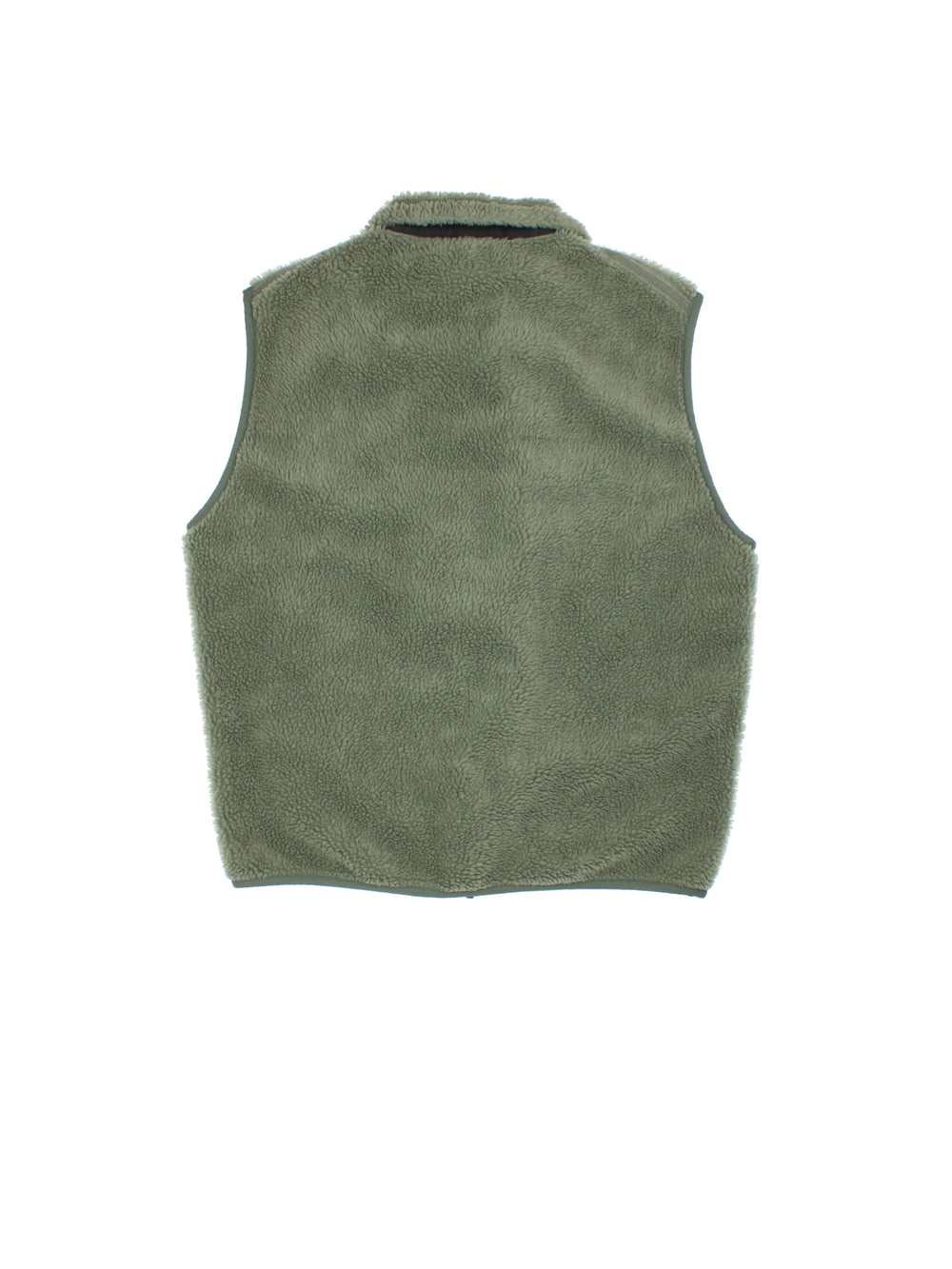 Patagonia Fleece Gilet in a green colourway with black pocket patch. Full zip with multiple zip pockets and small classic logo on the front.