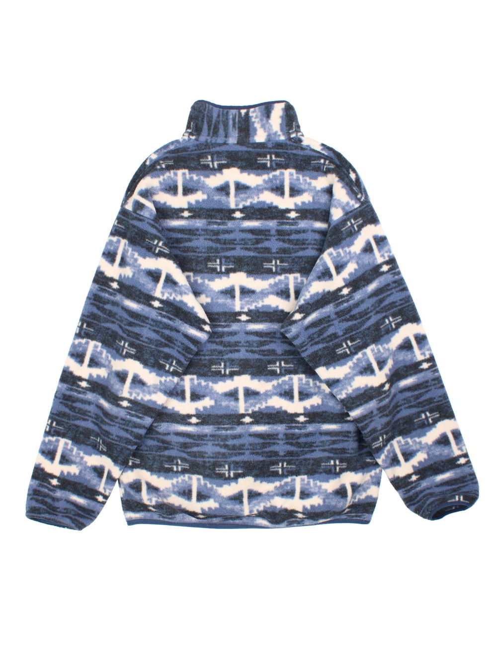 Patagonia Synchilla Snap-T Fleece in a blue colourway with blue tonal pattern. Button down front and small button pocket. Small classic logo on the front .