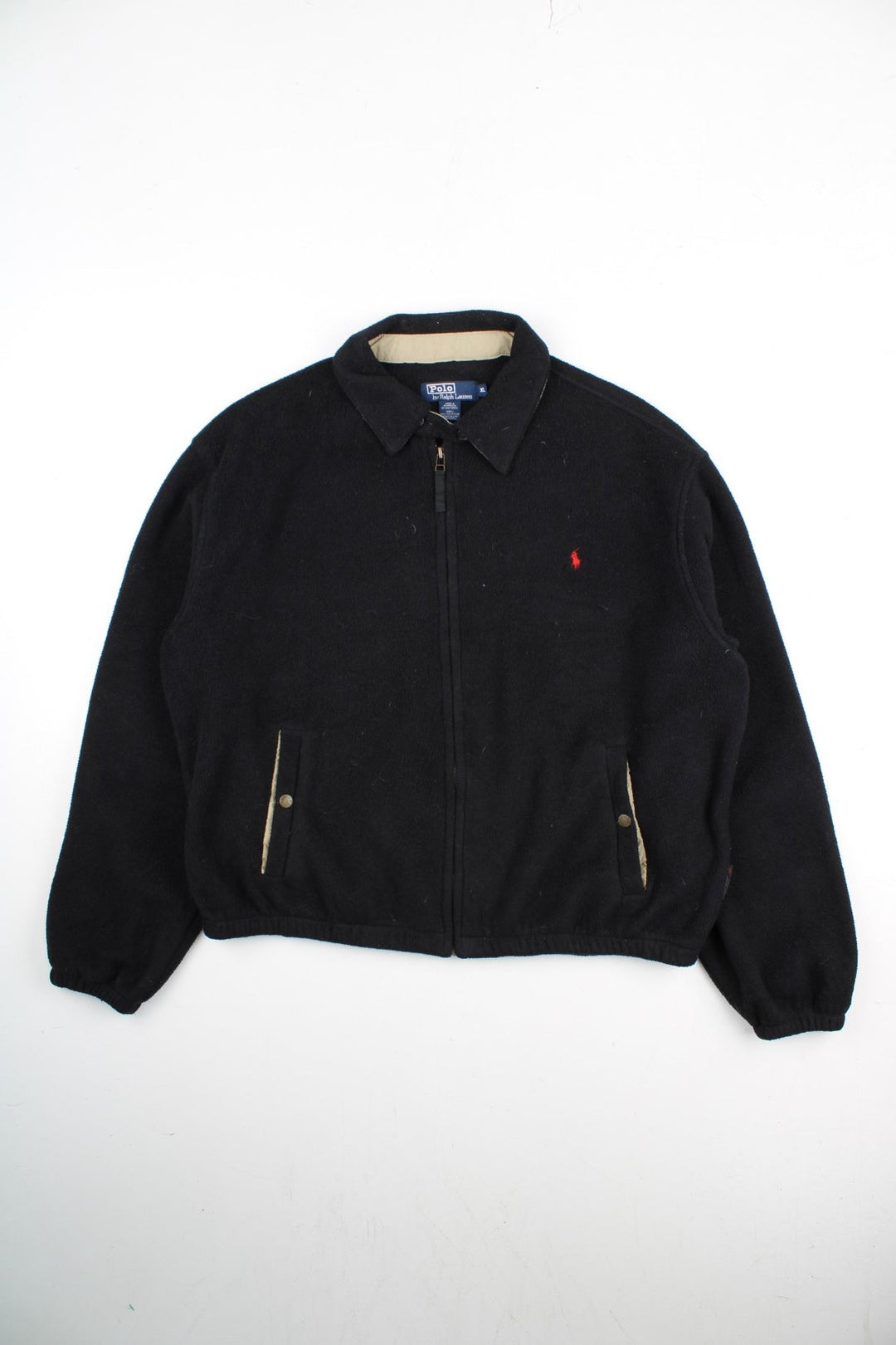 Polo Ralph Lauren Fleece Harrington Jacket in a black colourway. Zips up and has side pockets, button up collar, and the logo embroidered on the front.