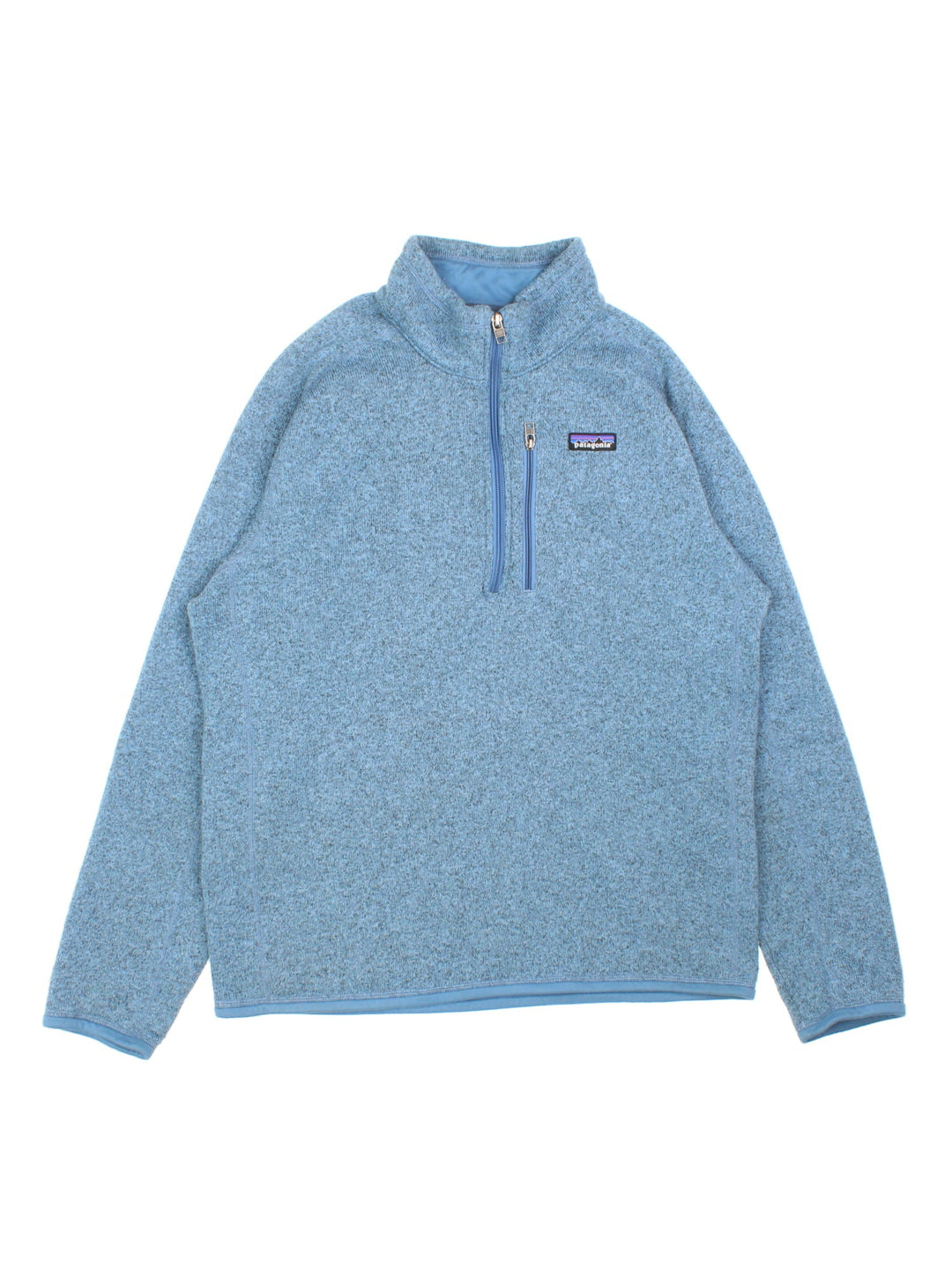 Patagonia Fleece Jacket in a blue colourway. 1/4 zip up and has a small pocket on front, Small classic logo also on front left.