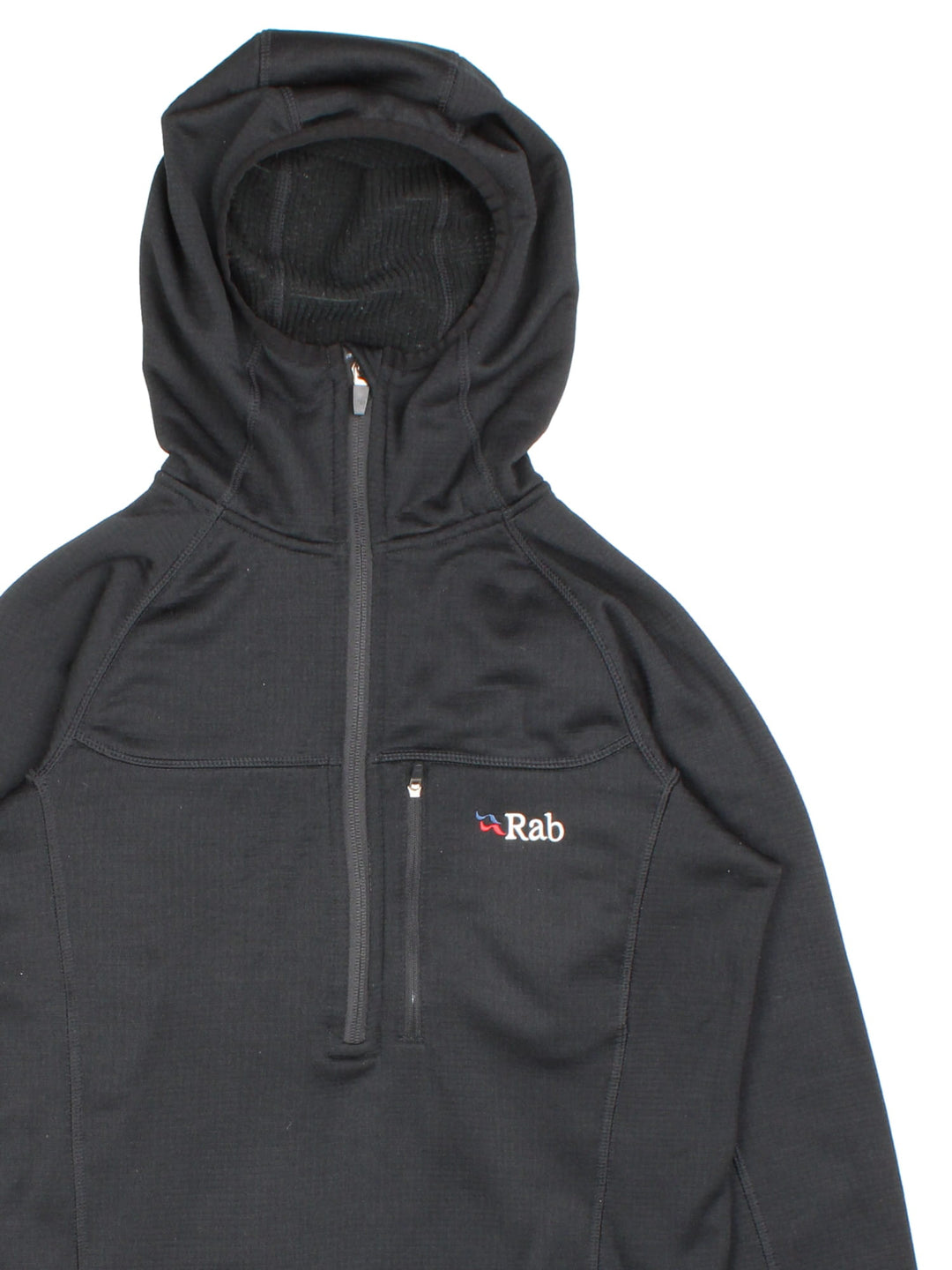 Rab Half Zip Baseline Hoodie in a black colourway. Zip pocket on front with a lightweight feel and hood.