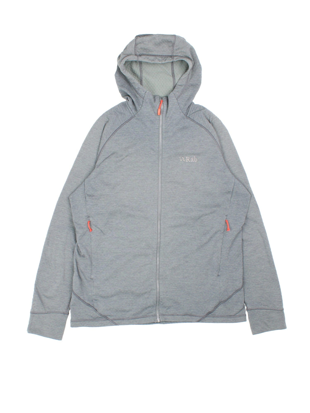 Rab Nexus Jacket in a grey colourway. Full zip with double pocket on front and hood.