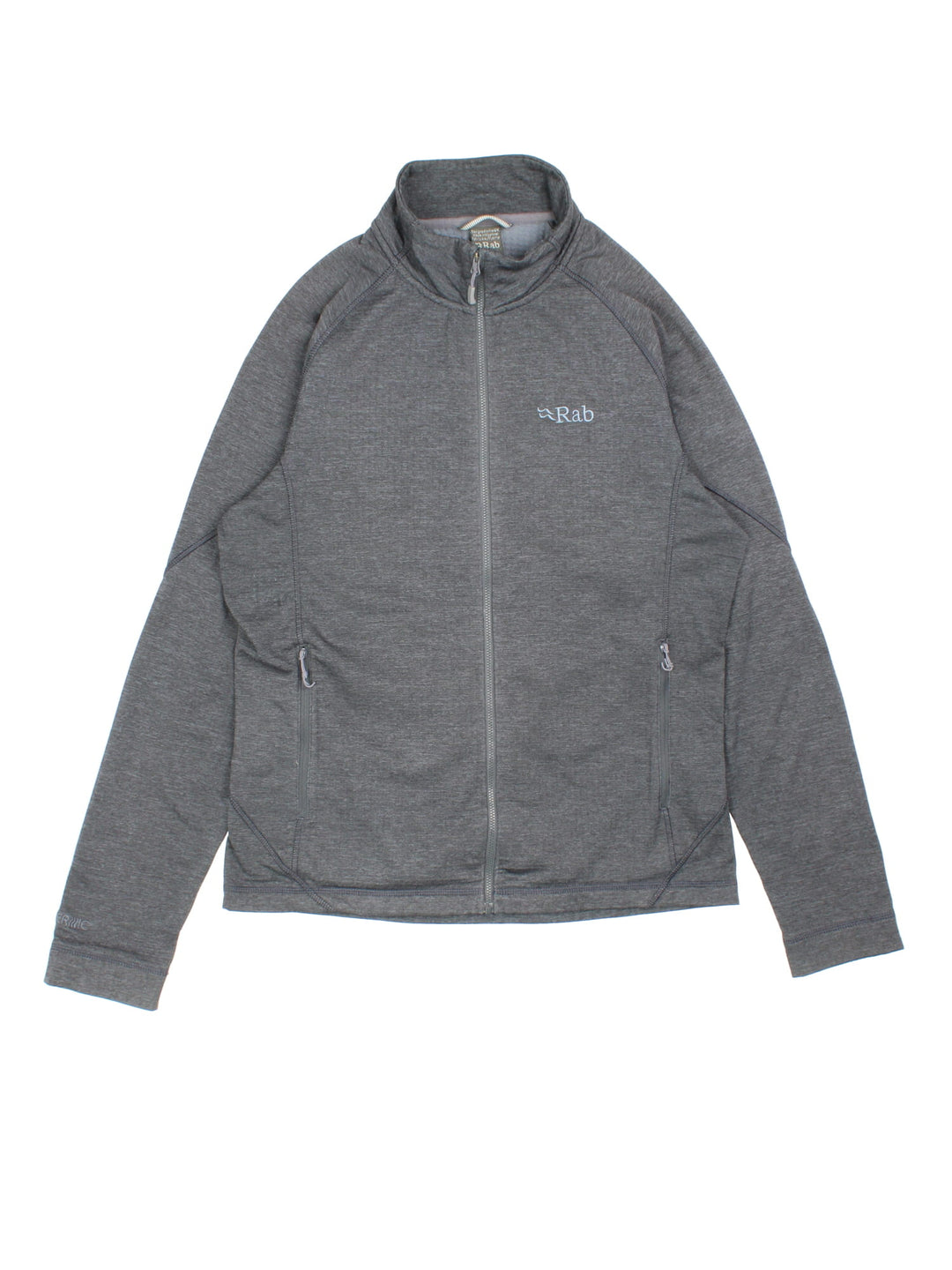 Rab Nucleus Jacket in a grey colourway. Full zip and double pocket on front with a small classic logo embroidered on.