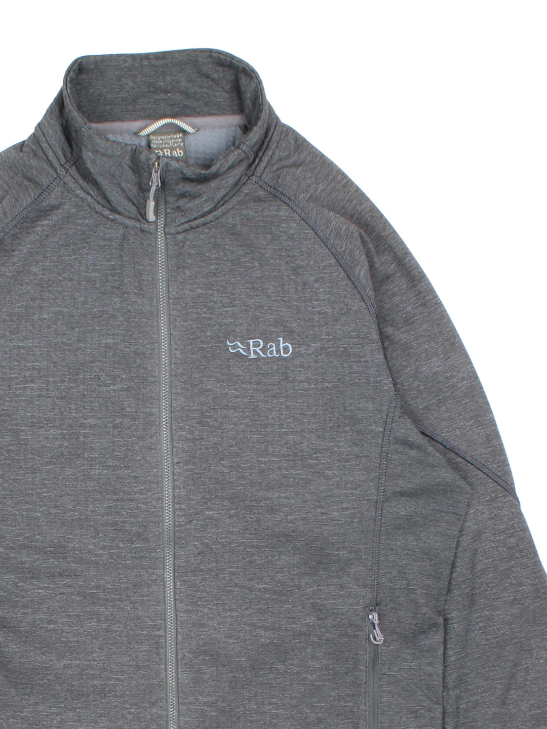 Rab Nucleus Jacket in a grey colourway. Full zip and double pocket on front with a small classic logo embroidered on.