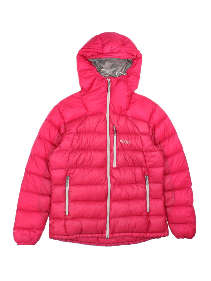 Rab Puffer Coat in a pink colourway. Full zip, multiple zip pockets on front and drawstring hood. Small logo on front.