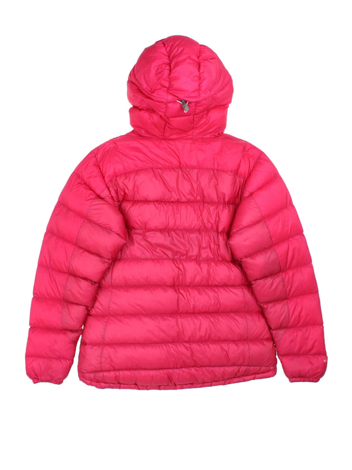 Rab Puffer Coat in a pink colourway. Full zip, multiple zip pockets on front and drawstring hood. Small logo on front.