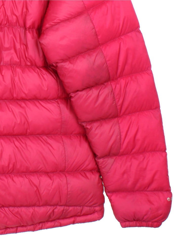 Rab Puffer Coat in a pink colourway. Full zip, multiple zip pockets on front and drawstring hood. Small logo on front.