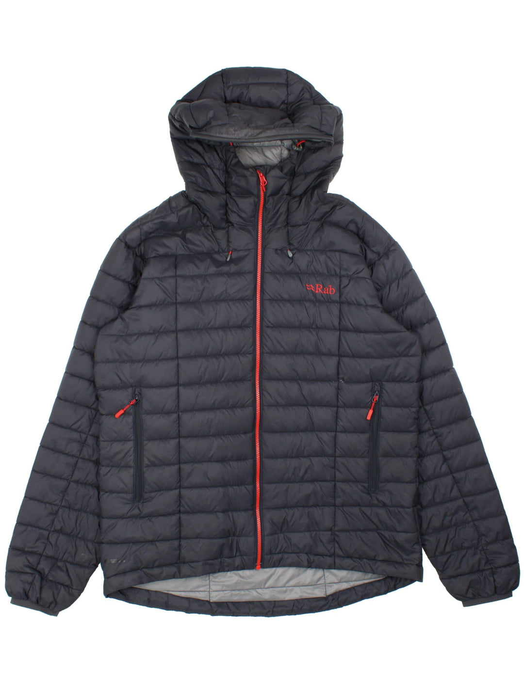 Rab Nebula Puffer Coat in a black colourway. Full red zip detail and multiple pockets on front with a drawstring hood.