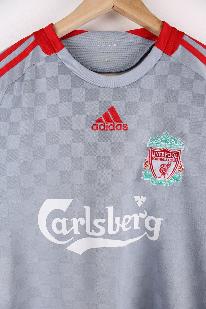 Liverpool 2008/09 Adidas Football Shirt in the grey away kit colourway, features embroidered logos and badge on the front.