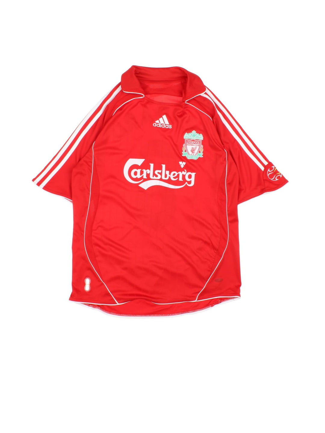 Liverpool 2006/07 Adidas Football Shirt in the red home kit colourway, features embroidered logos and badge on the front.