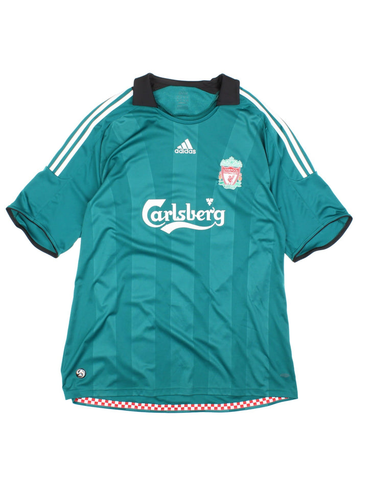 Liverpool 2008/09 Adidas Football Shirt in the turquoise blue third kit colourway, features embroidered logos and badge on the front.