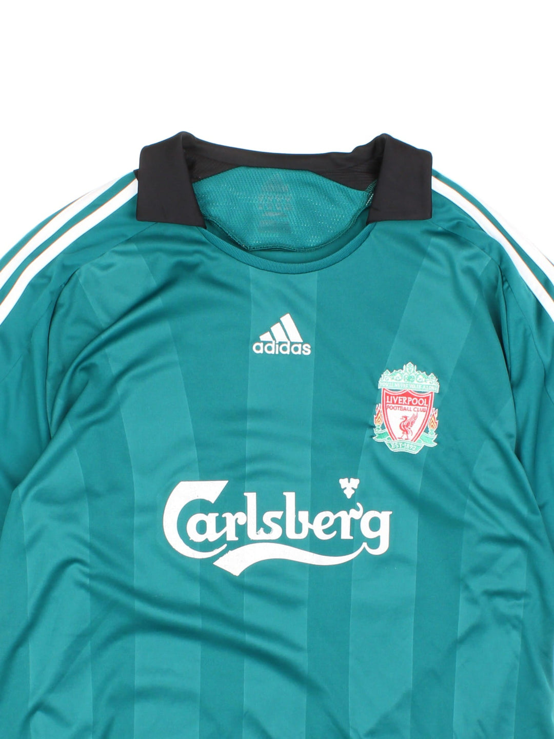 Liverpool 2008/09 Adidas Football Shirt in the blue third kit colourway, features embroidered logos and badge on the front.