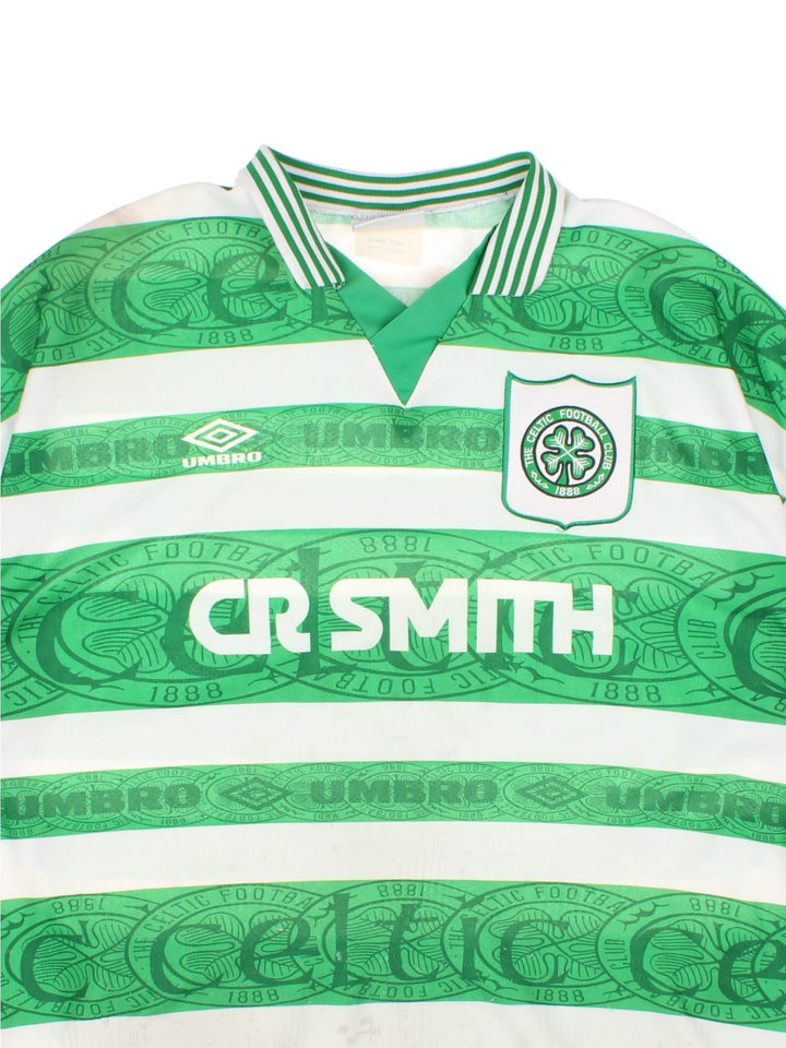 Vintage Celtic 1995/97 Umbro Football Shirt in the green and white home kit colourway, features embroidered logos and badge on the front.