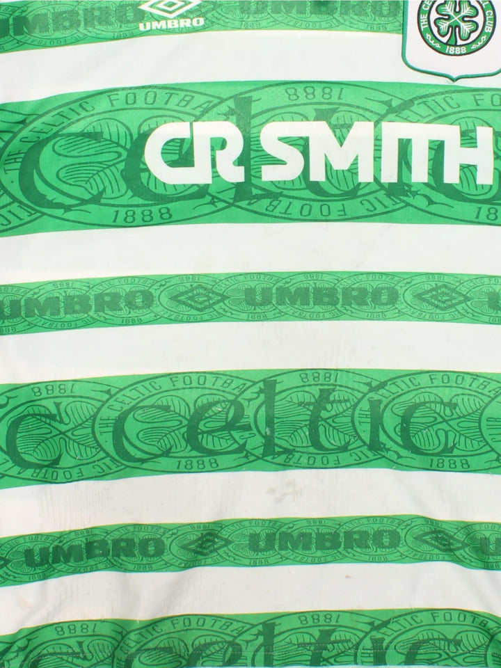 Vintage Celtic 1995/97 Umbro Football Shirt in the green and white home kit colourway, features embroidered logos and badge on the front.