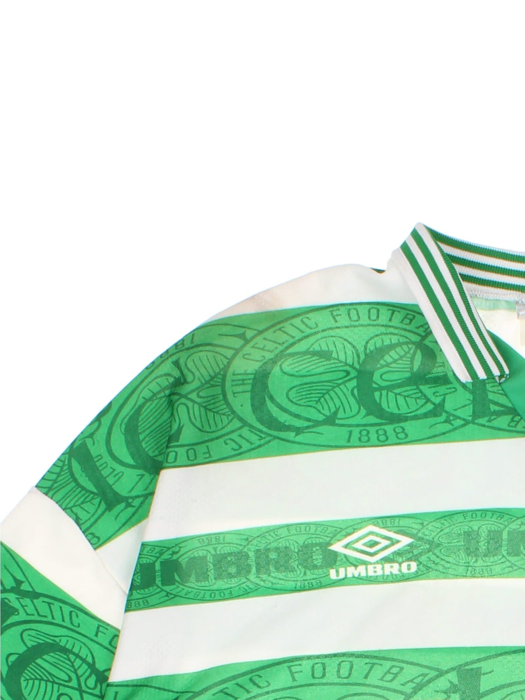 Vintage Celtic 1995/97 Umbro Football Shirt in the green and white home kit colourway, features embroidered logos and badge on the front.