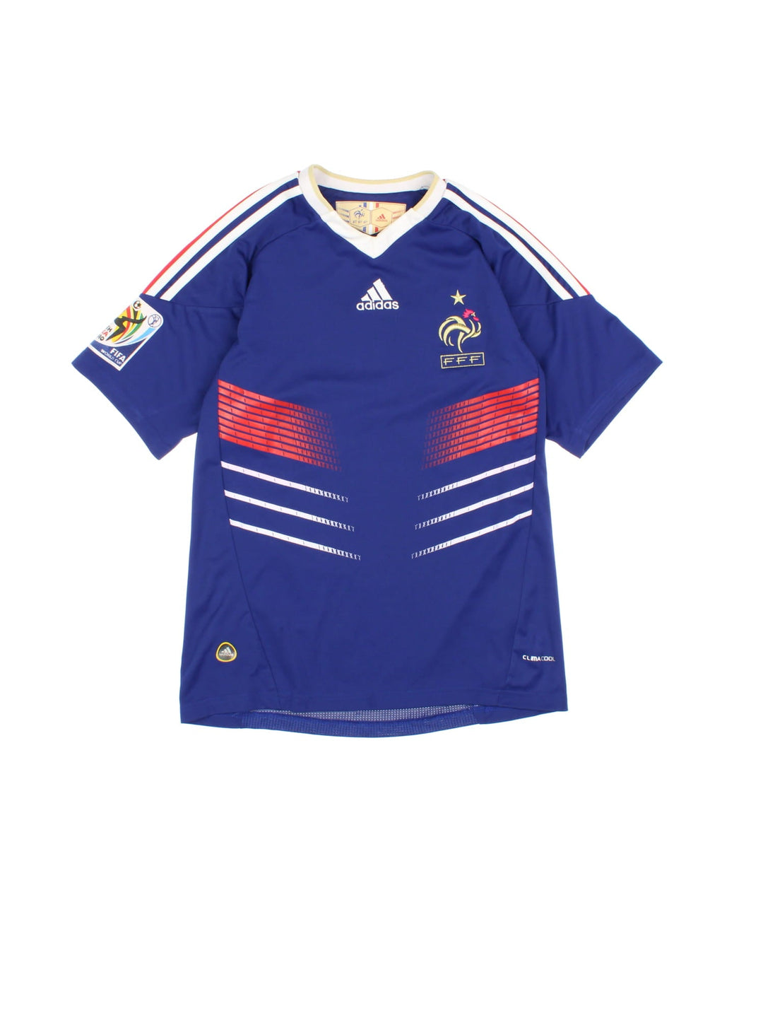 France 2009/10 Adidas World Cup Football Shirt in the blue home kit colourway, features embroidered logos and badge on the front, and world cup badge on the right sleeve.