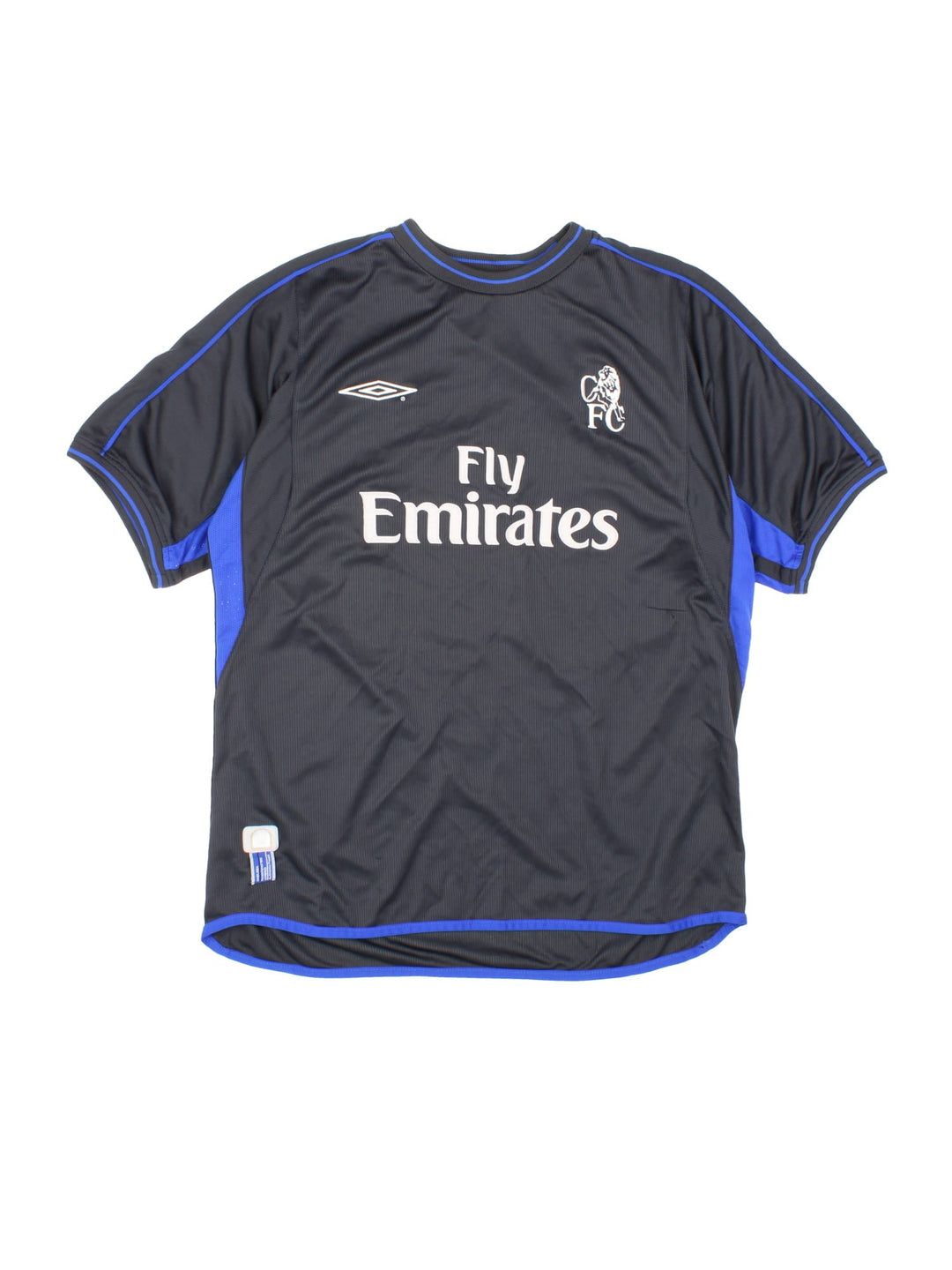 Chelsea 2002/03 Umbro Football Shirt in the black away kit colourway, features embroidered logos and badge on the front.