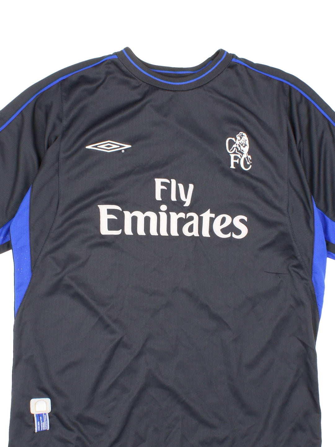 Chelsea 2002/03 Umbro Football Shirt in the black away kit colourway, features embroidered logos and badge on the front.