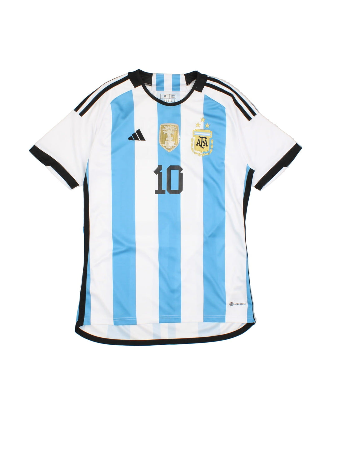 Argentina 2022 World Cup Adidas Football Shirt in the blue and white home kit colourway, features embroidered logos and badge on the front, and Lionel Messi number 10 printed on the back.