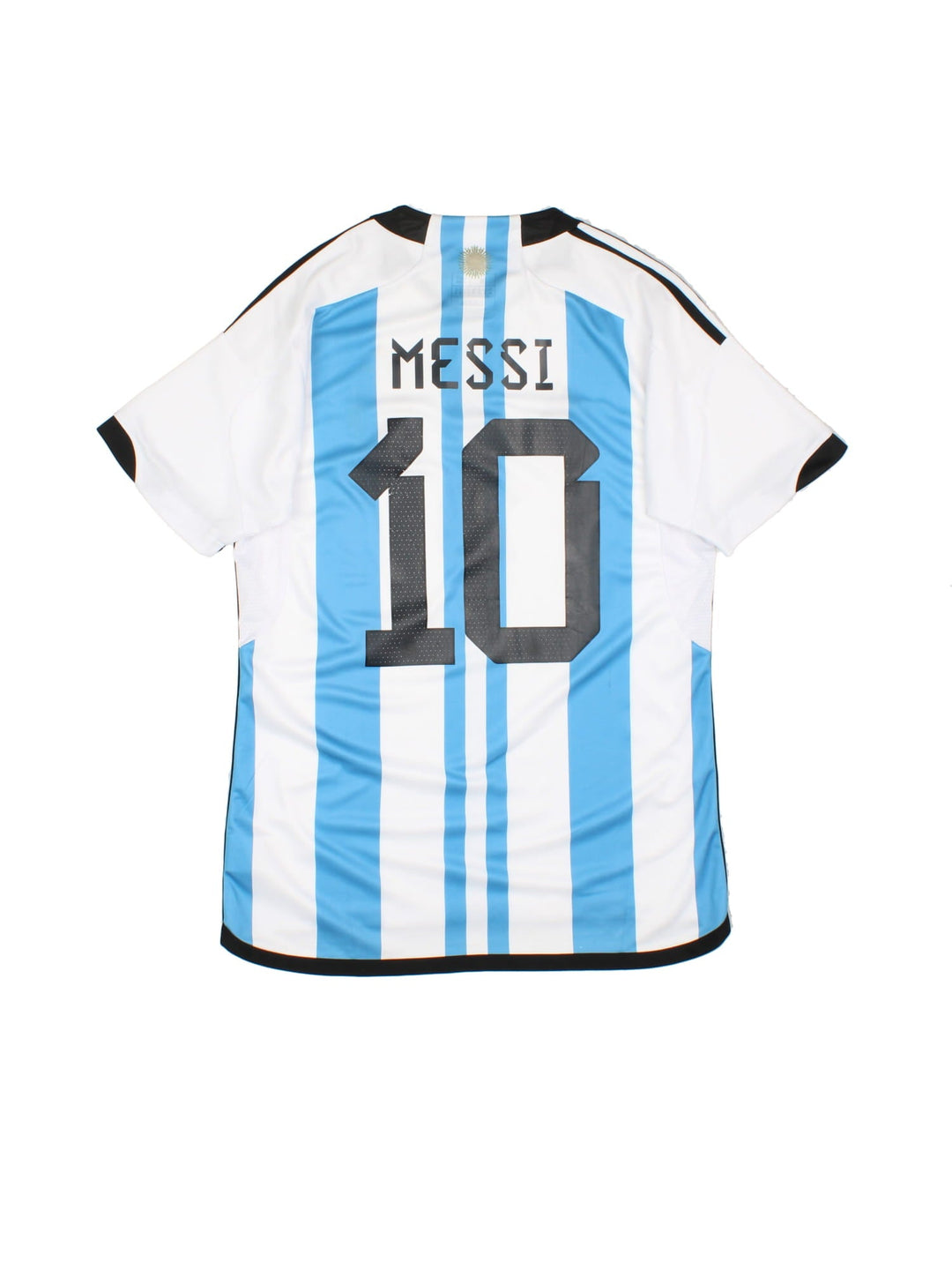 Argentina 2022 World Cup Adidas Football Shirt in the blue and white home kit colourway, features embroidered logos and badge on the front, and Lionel Messi number 10 printed on the back.