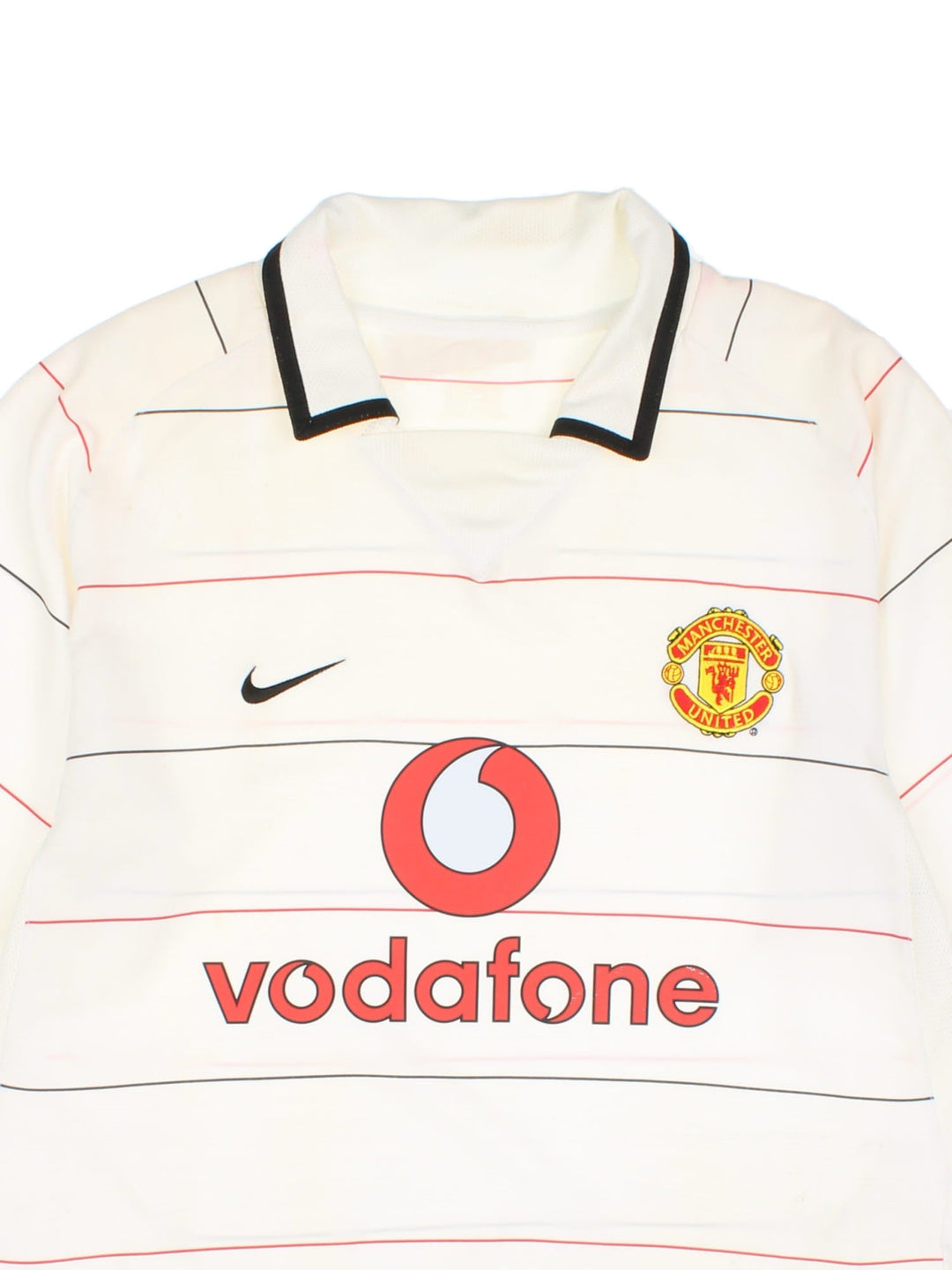 Manchester United 2003/05 Nike Football Shirt in the white striped third kit colourway, features embroidered logos and badge on the front.