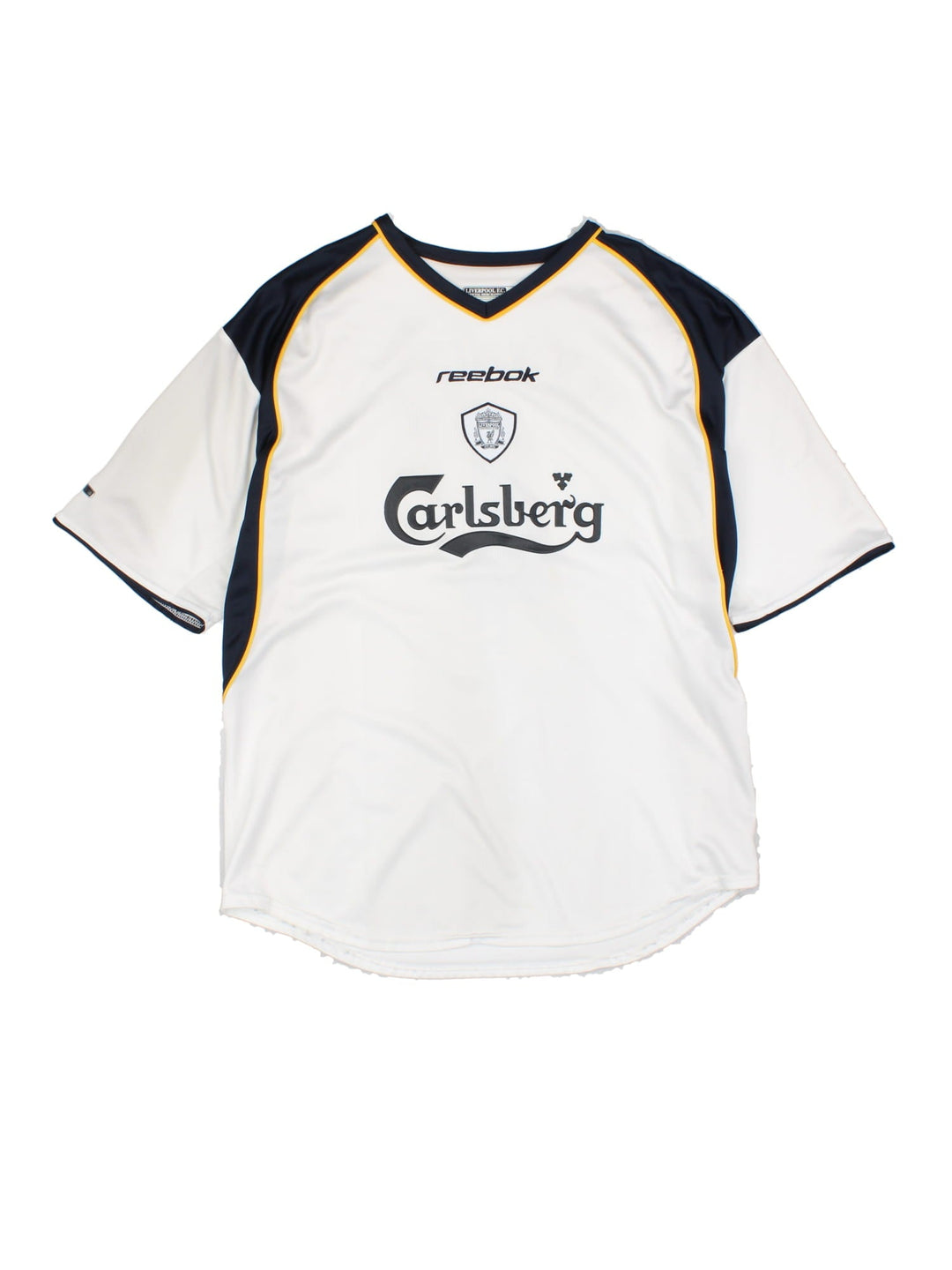 Liverpool 2001/02 Reebok Football Shirt in the white away kit colourway, features embroidered logos and badge on the front, and Hyypia number 4 printed on the back.