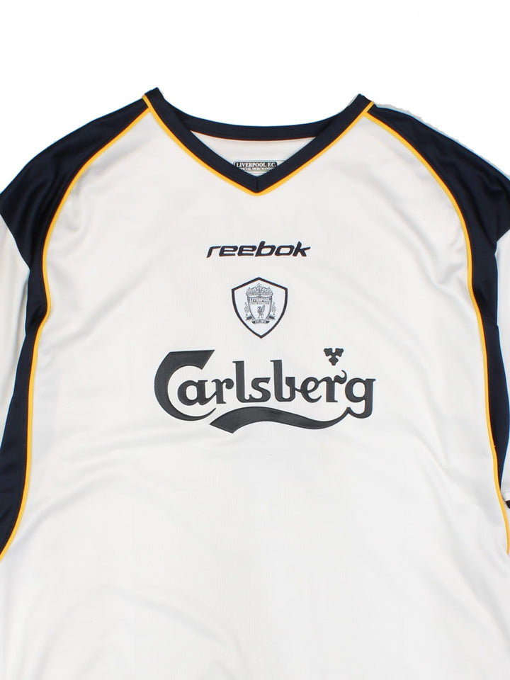 Liverpool 2001/02 Reebok Football Shirt in the white away kit colourway, features embroidered logos and badge on the front, and Hyypia number 4 printed on the back.