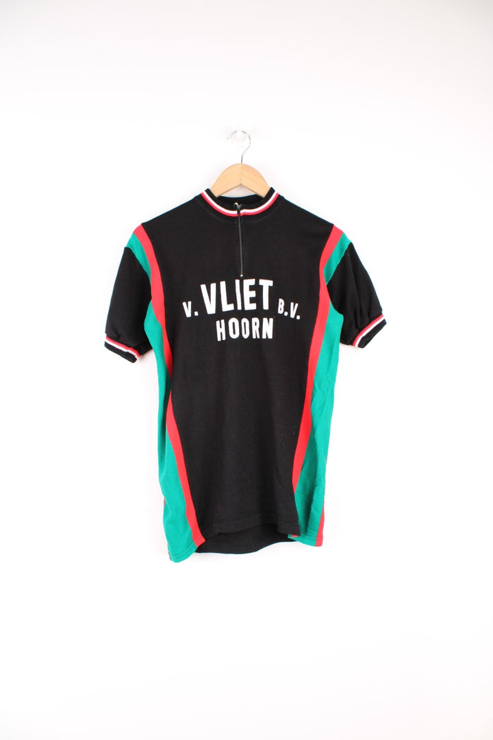 1970s Dutch cycling Jersey in black, red and green. Features puff print on the front and back.