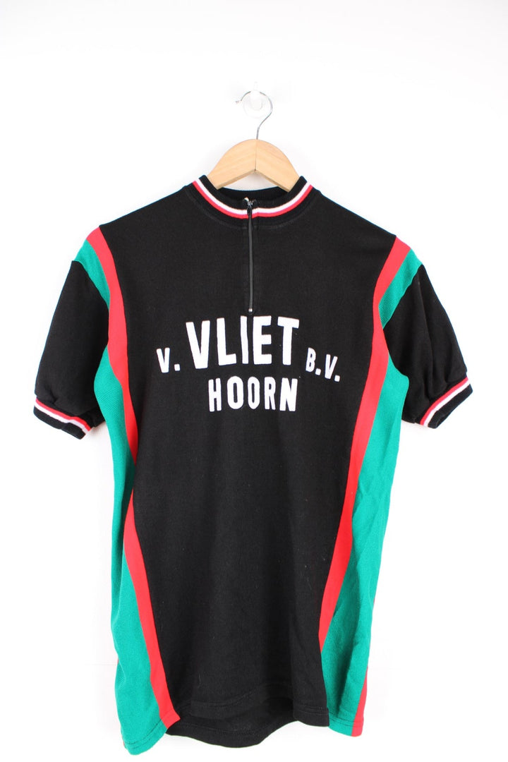 1970s Dutch cycling Jersey in black, red and green. Features puff print on the front and back.