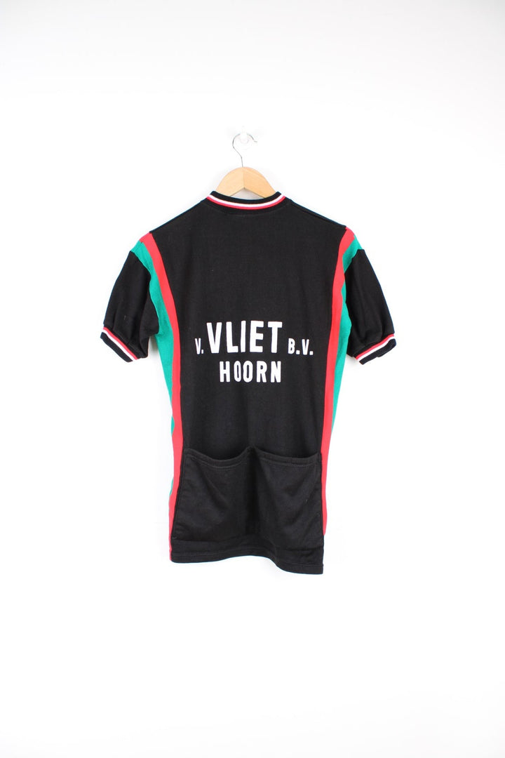 1970s Dutch cycling Jersey in black, red and green. Features puff print on the front and back, and pocket feature on the back.