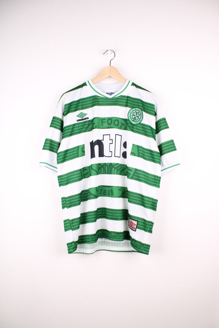 Celtic 1999/01 Umbro Football Shirt in the green and white home kit colourway, features embroidered logo and badge on the front.