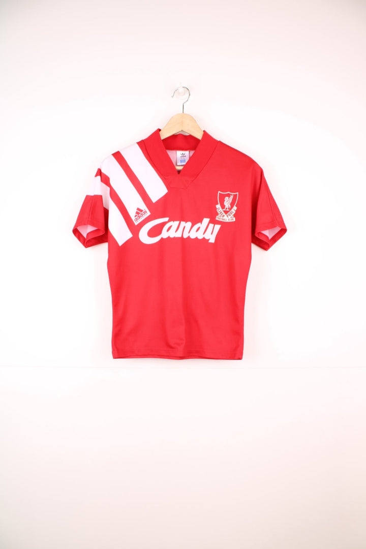 Liverpool 1991/92 Adidas Home Football Kit in the red and white team colourway, v neck and has the logos printed on the front. 