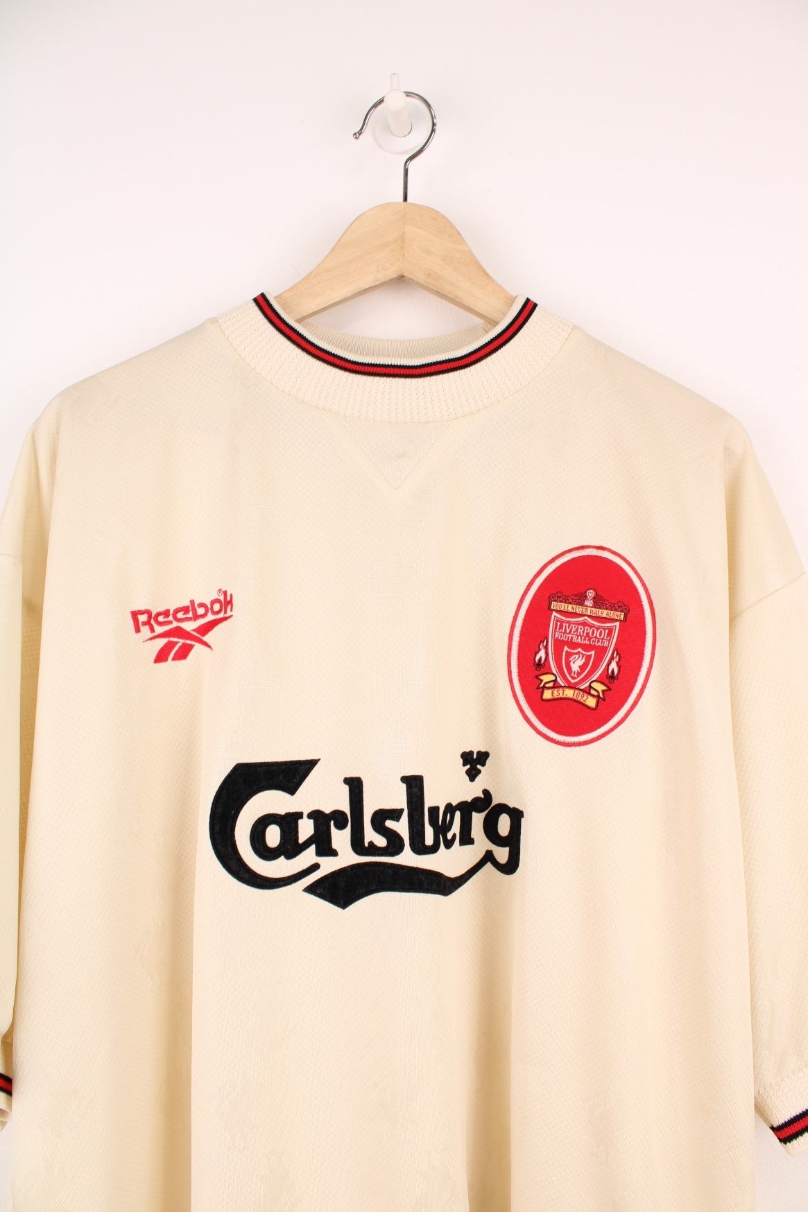 1996-1997 Liverpool Away Reebok Football Shirt. Features embroidered logo and badge, as well as puff print Carlsberg logo across the chest.