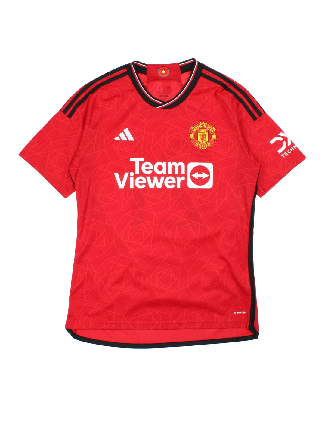 Manchester United 2023-24 Adidas Football Shirt in the red home kit colourway, features embroidered/printed logos and badge on the front.