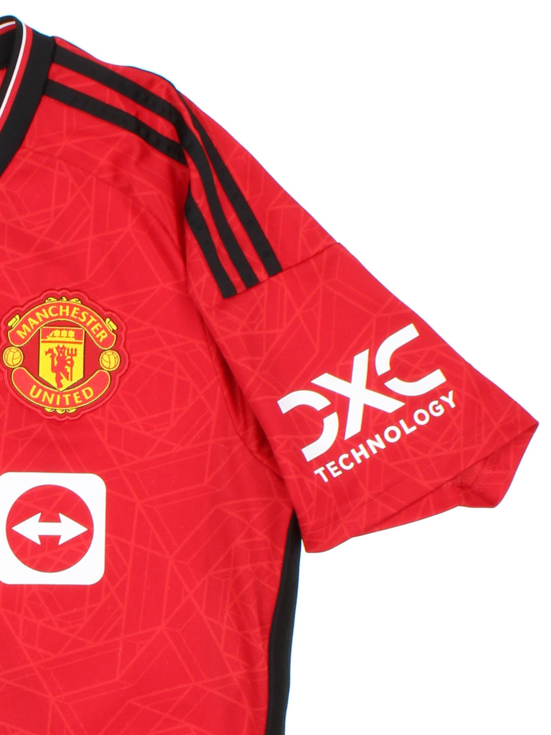 Manchester United 2023-24 Adidas Football Shirt in the red home kit colourway, features embroidered/printed logos and badge on the front.