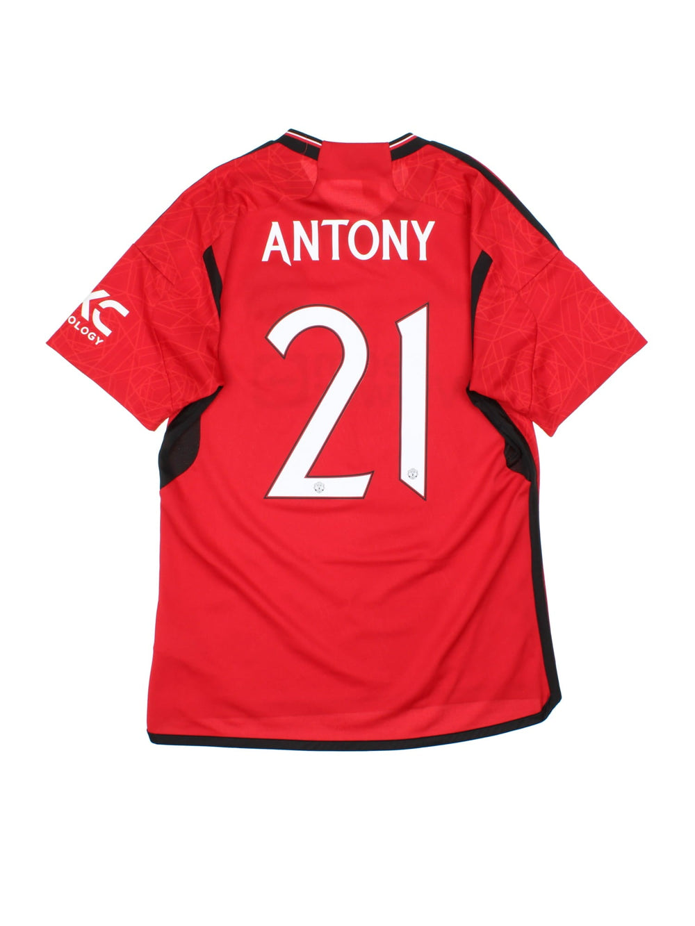 Manchester United 2023-24 Adidas Football Shirt in the red home kit colourway, features embroidered/printed logos and badge on the front.