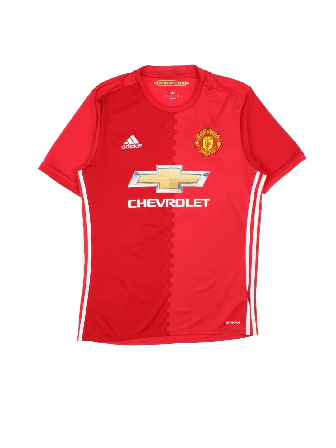 Manchester United 2016-17 Adidas Football Shirt in the red home kit colourway, features embroidered/printed logos and badge on the front.