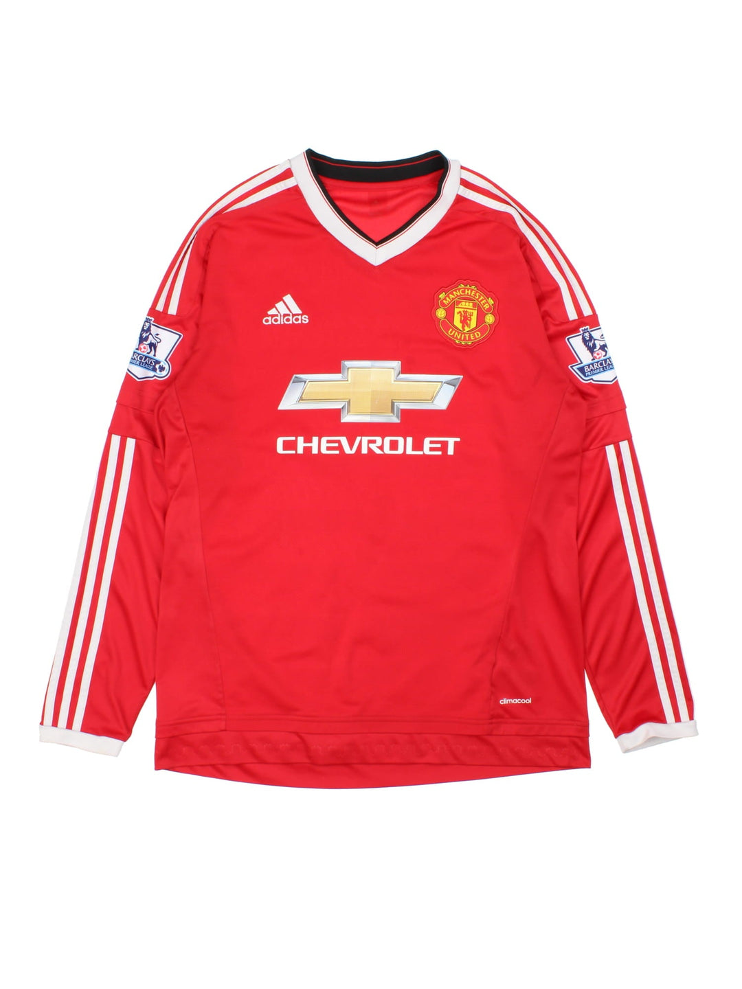 Manchester United 2015-16 Adidas Football Shirt in the red home kit colourway, features embroidered/printed logos and badge on the front.