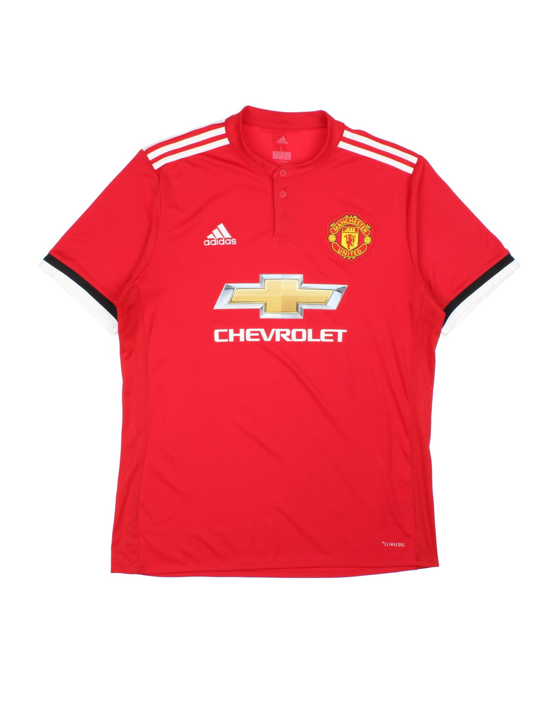 Manchester United 2017-18 Adidas Football Shirt in the red home kit colourway, features embroidered/printed logos and badge on the front.