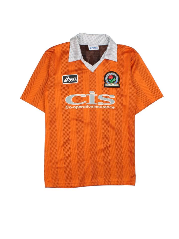 Blackburn 1997-98 Asics Football Shirt in the orange away kit colourway, features embroidered logos and badge on the front.