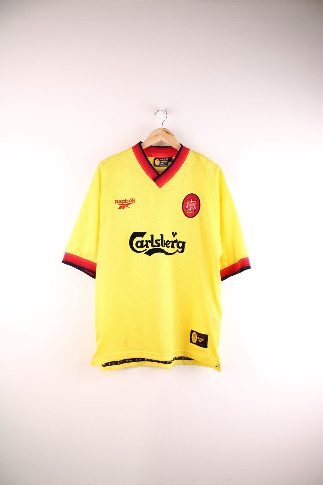 Liverpool 1997/98 Reebok Football Shirt in the yellow away kit colourway, features embroidered logos and badge on the front.