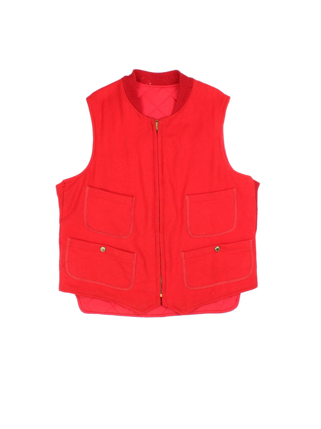 Vintage Woolrich Reversible Gilet in a red colourway with either wool or quilted shell options. Zips up and has multiple pockets, and the logo tab embroidered on the front of the quilted side.