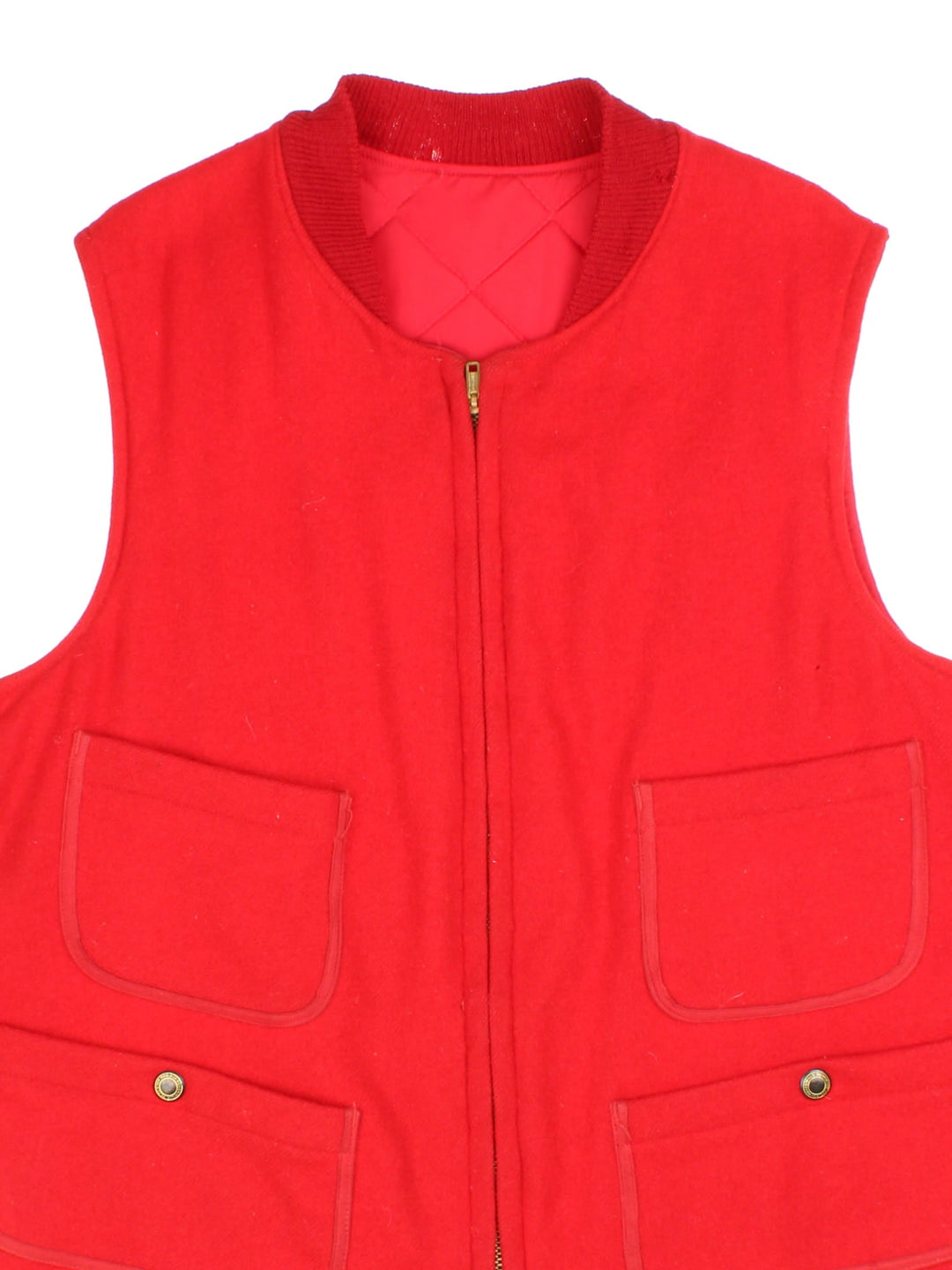 Vintage Woolrich Reversible Gilet in a red colourway with either wool or quilted shell options. Zips up and has multiple pockets, and the logo tab embroidered on the front of the quilted side.